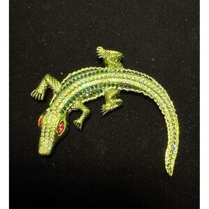 Alligator Vintage Style Brooch Goldtone‎ metal w/crystals New
